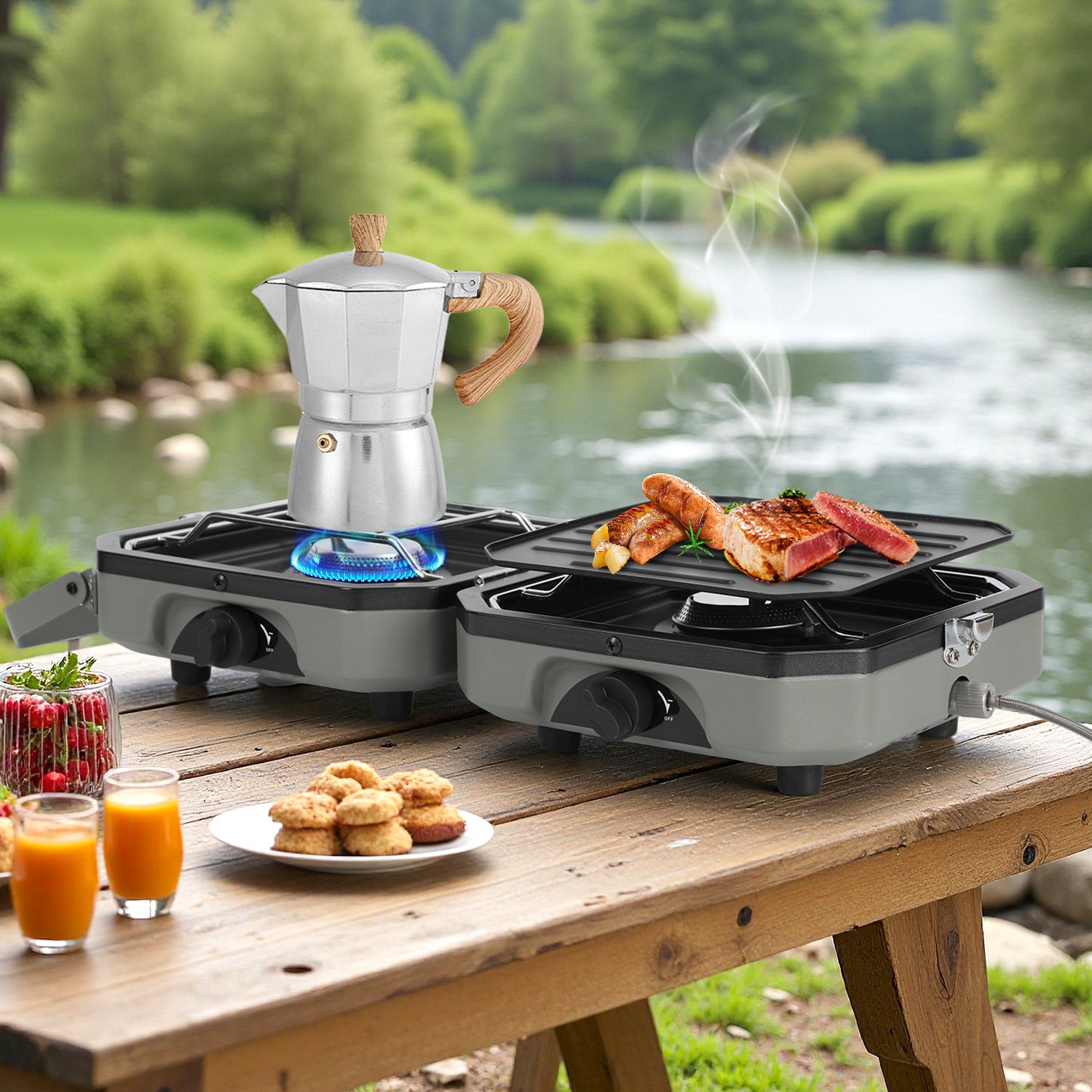 Lospitch Campingkocher 2 flammig mit Grillplatte und Gasschlauch