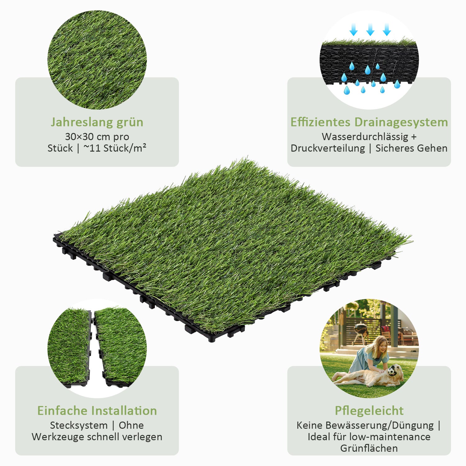 Lospitch Rasen Klickfliesen 30×30 cm 11 Stück für Balkon und Terrasse