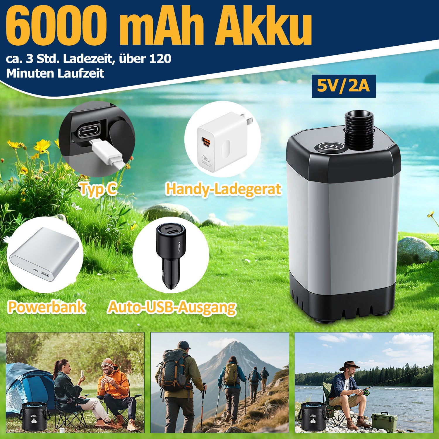Lospitch Campingdusche mit 6000 mAh Akku und 20 L Falteimer