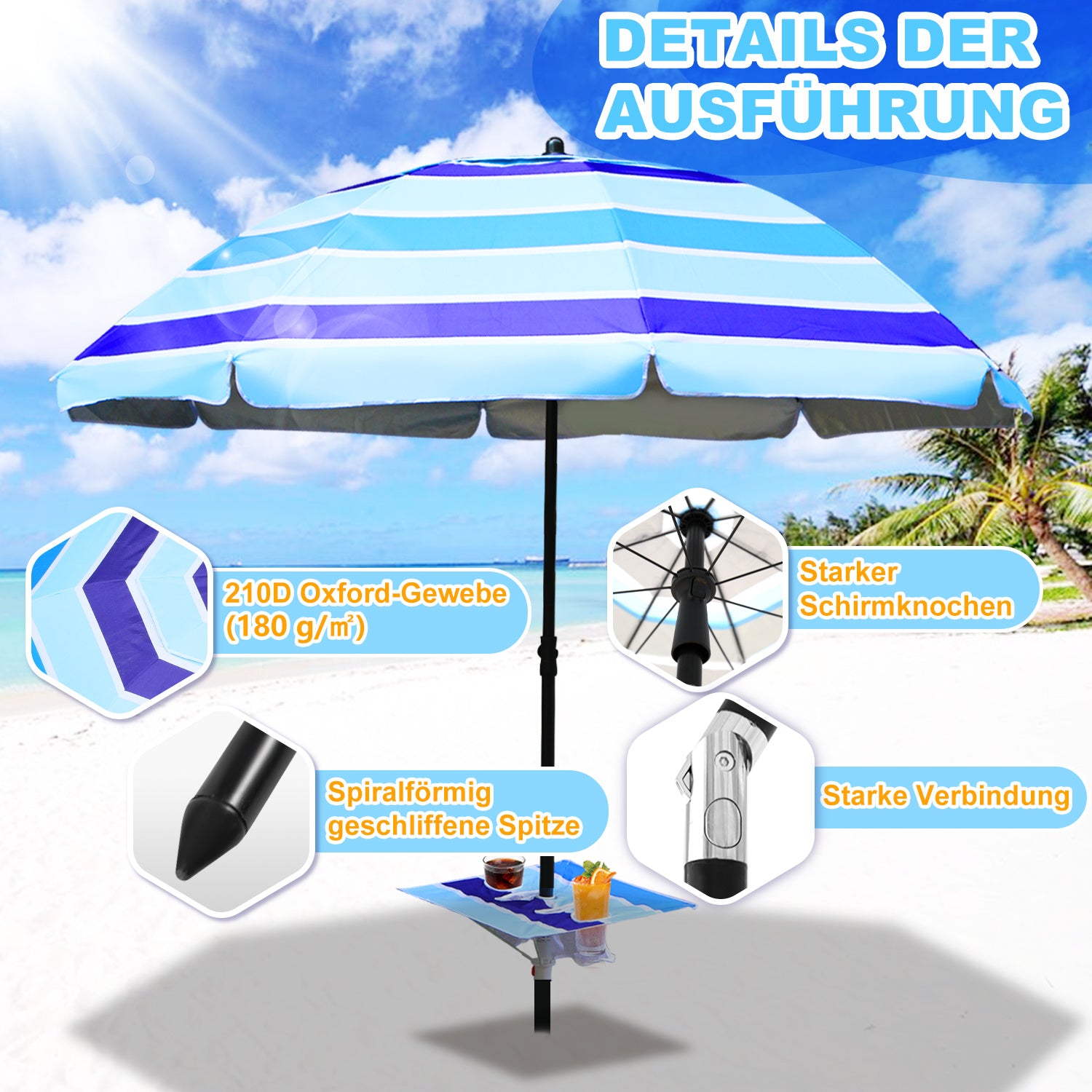 Lospitch Strandschirm Ø213 cm UV50+ höhenverstellbar mit Tisch