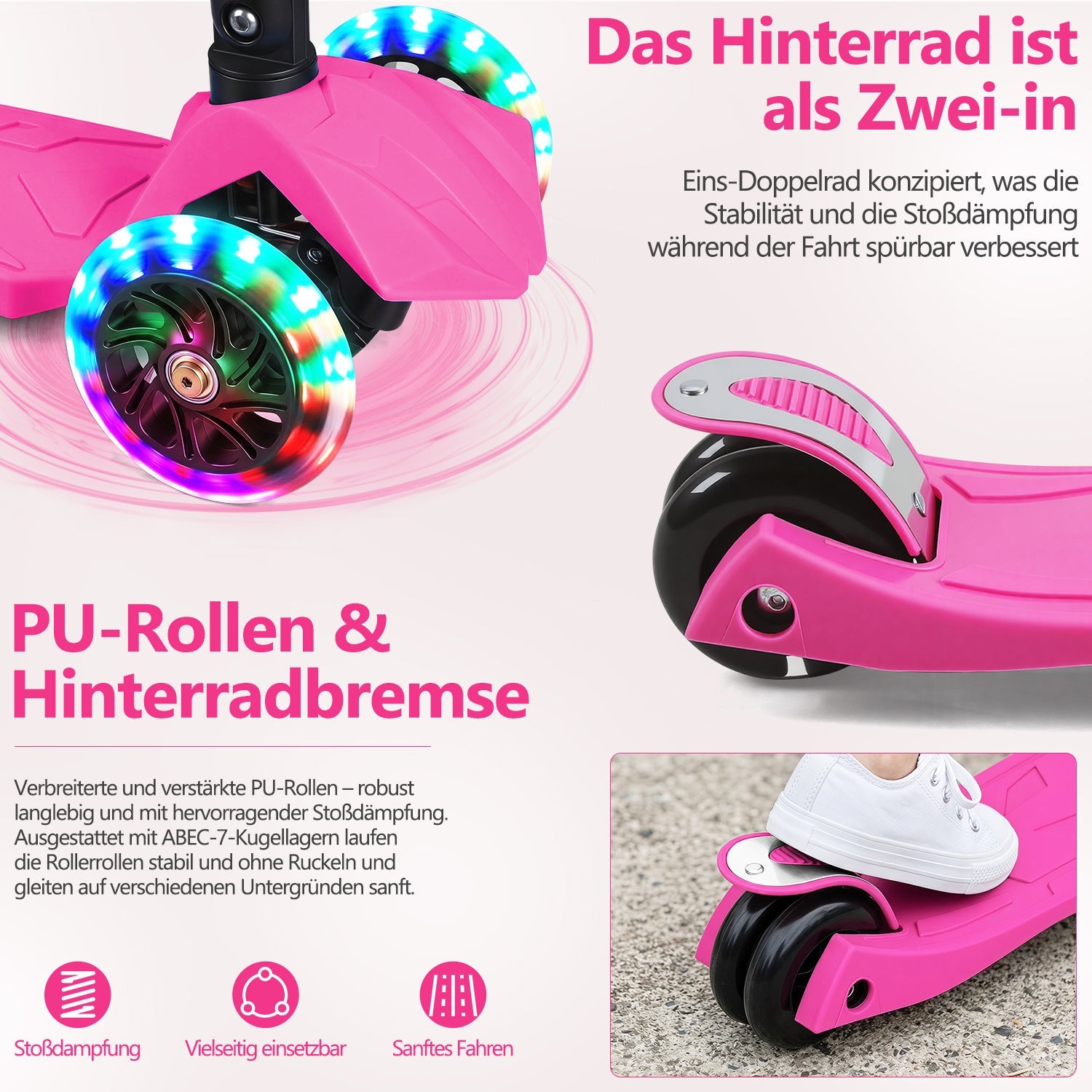 Lospitch Kinderroller Klappbar mit LED Rädern Höhenverstellbar 65 bis 82 cm