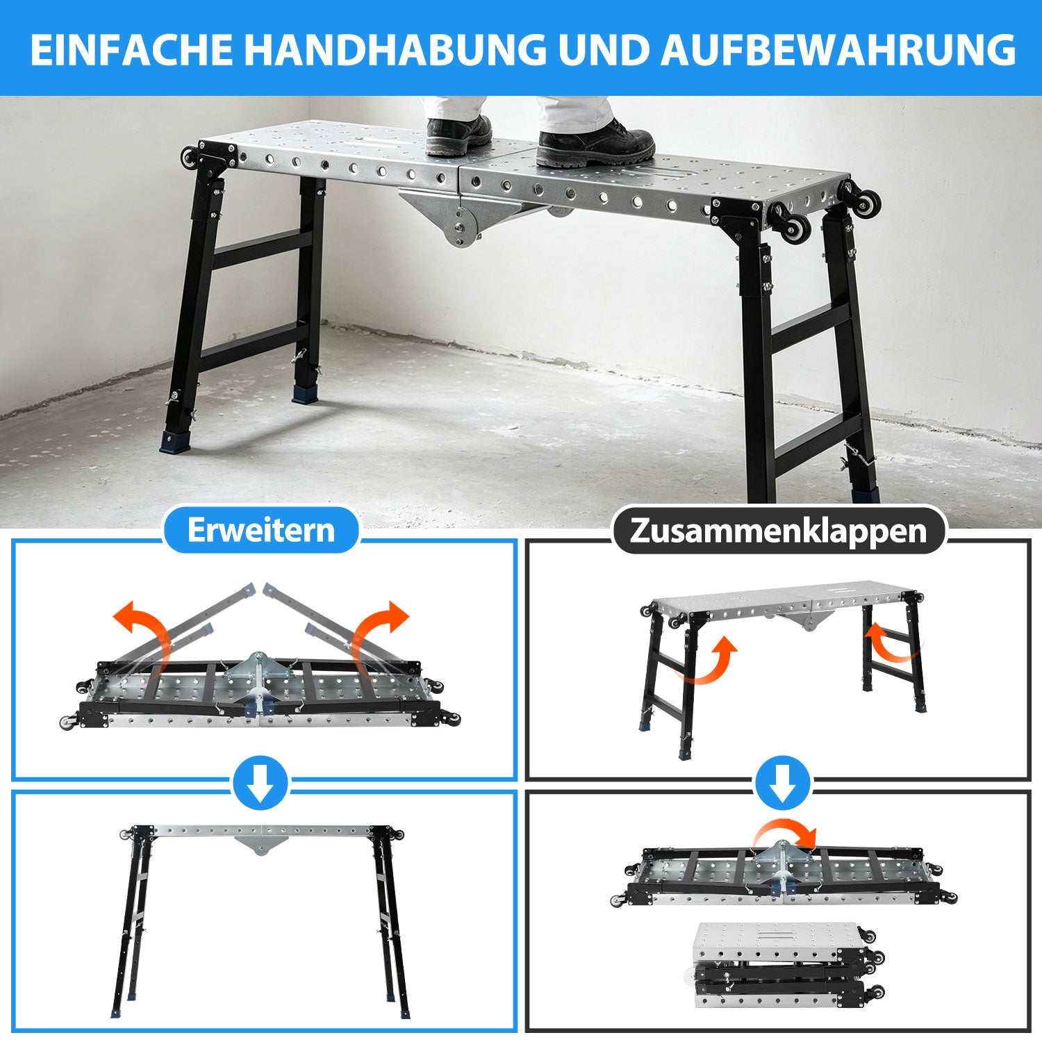 Lospitch Arbeitsplattform aus verzinktem Stahl 120 × 36 cm Höhenverstellbar 60–90 cm bis 500 kg