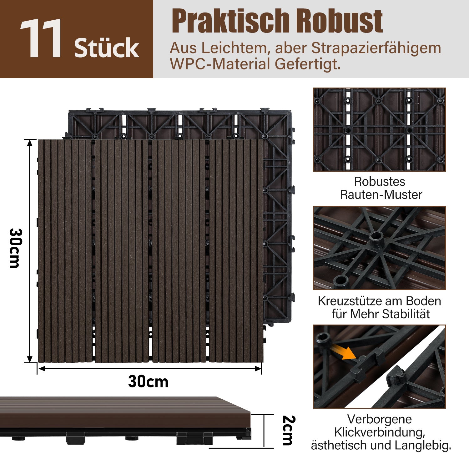 Lospitch WPC Terrassenfliesen 30 x 30 cm für Balkon und Terrasse
