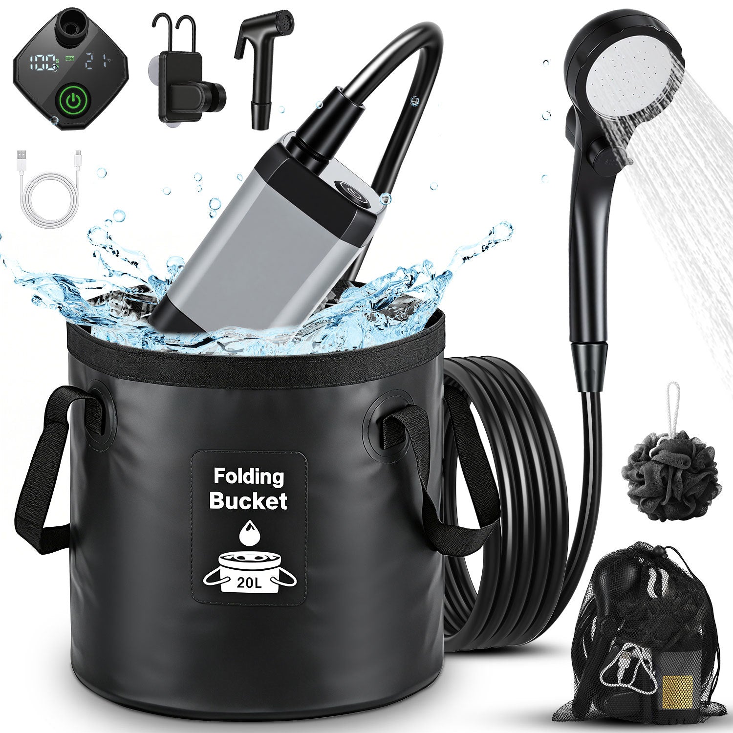Lospitch Campingdusche mit 6000 mAh Akku und 20 L Falteimer