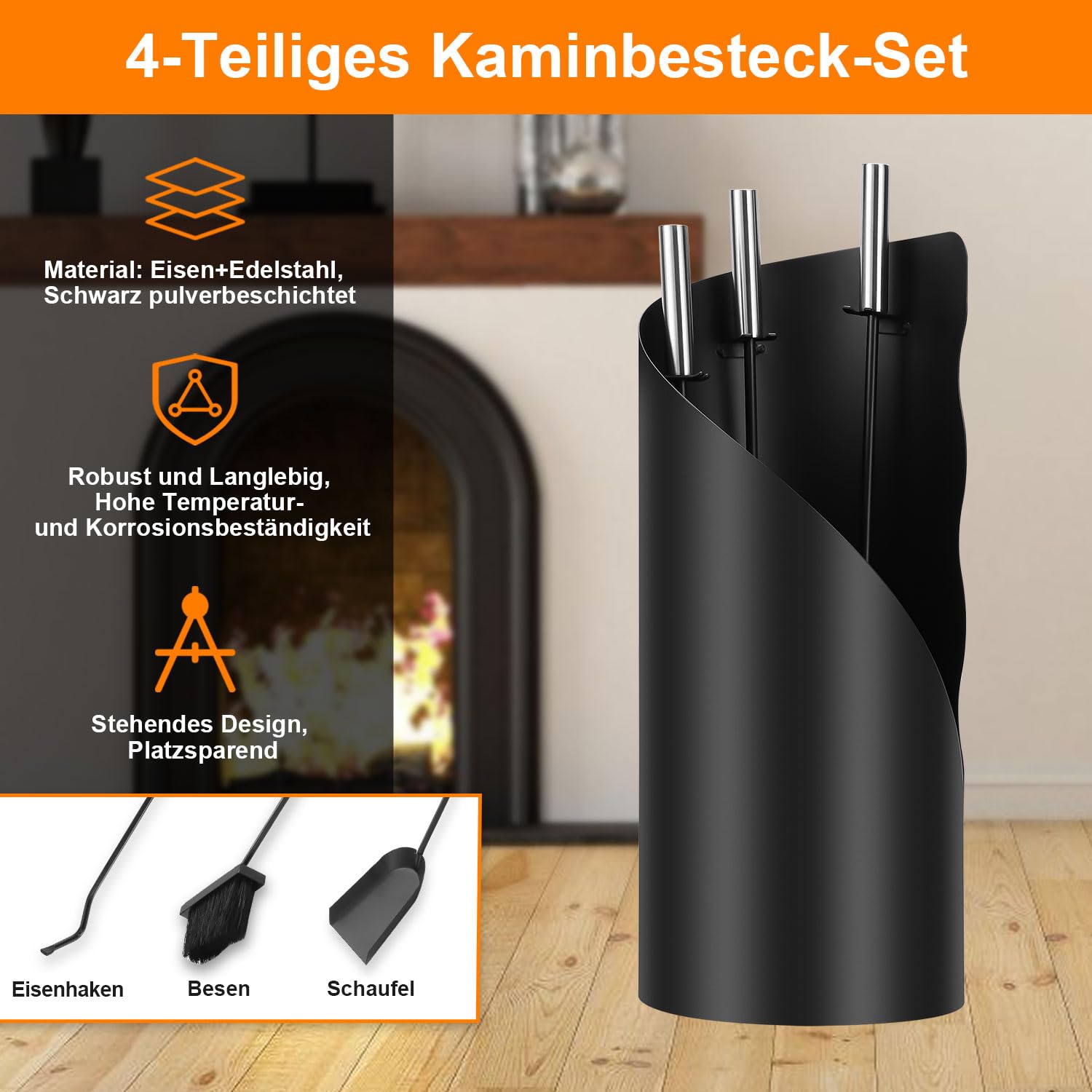 Lospitch Kaminbesteck 4-teilig mit Ständer Besen Schaufel und Schürhaken