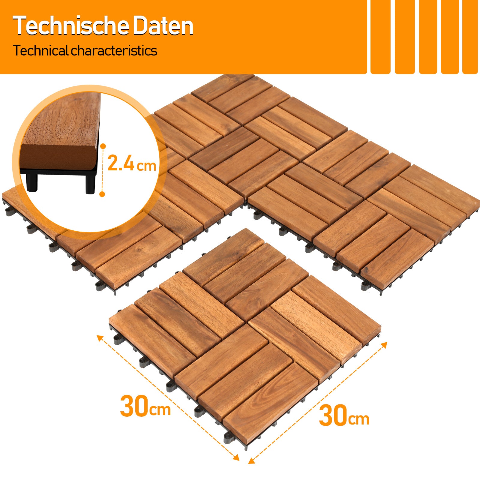 Lospitch Holzfliesen Akazienholz 30x30 cm 12 Latten mit Klicksystem